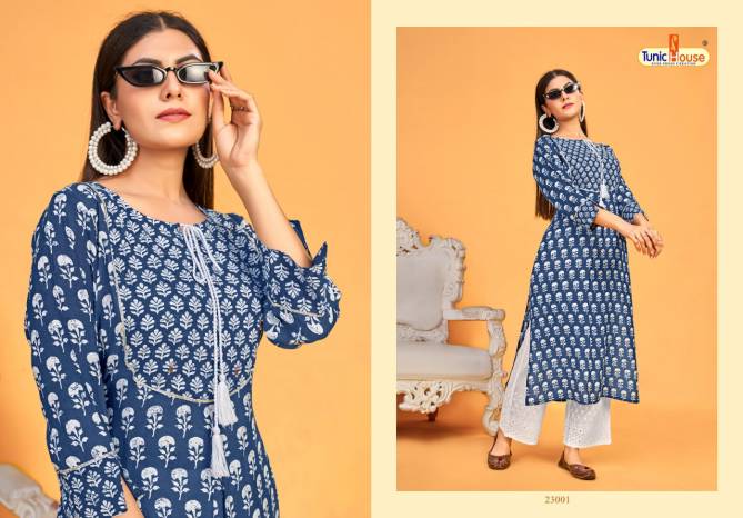 Tunic House Blue Sky Fancy Ethnic Wear Printed Kurti With Bottom Collection